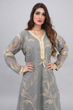 Gray Moroccan robe embroidered with shiny gold 