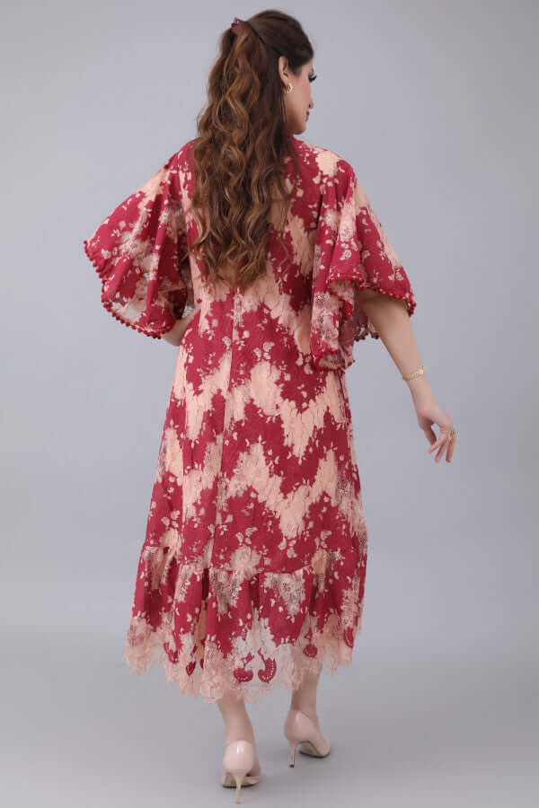 Lace robe with elegant design, red and beige color 