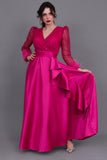 Long dress with sequined bodice and feathers, fuchsia color