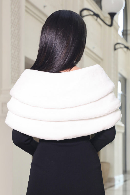 Layered fur shawl with drawstring, white 