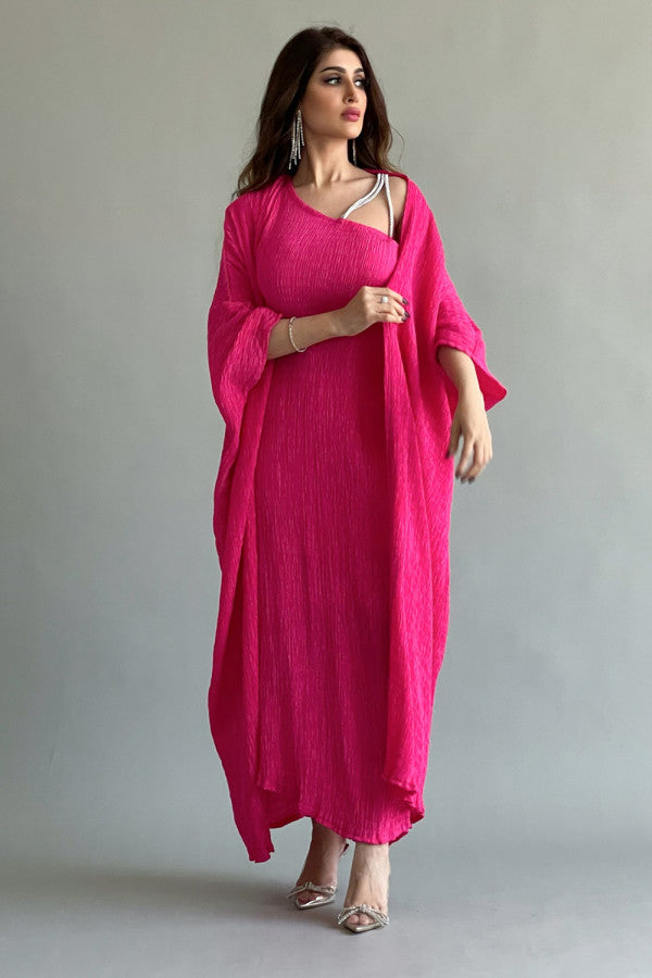 An elegant two-piece jalabiya with modern details, fuchsia color 