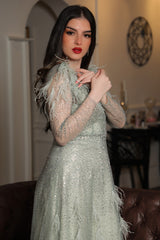 Light green feather-embellished off-shoulder evening dress