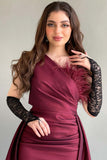 One-shoulder taffeta dress with train, burgundy