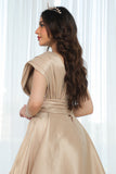 Beige one-shoulder embroidered evening dress
