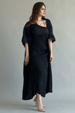 An elegant two-piece jalabiya with modern details, black color