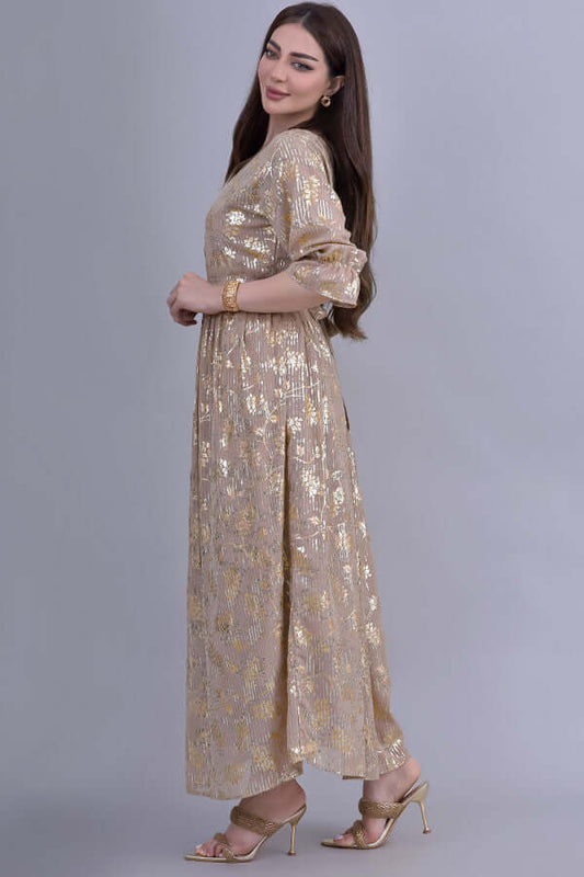 Jalabiya dress design embroidered with golden beige sequins