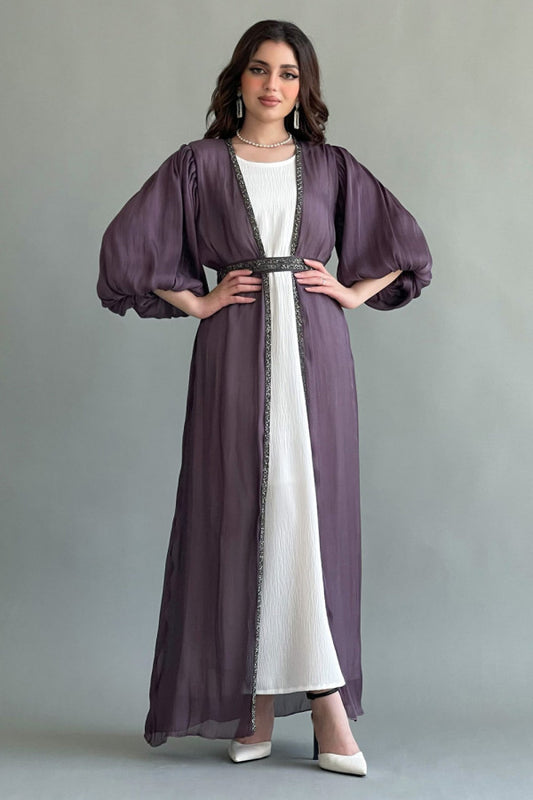 Mauve embroidered belted open coat dress