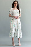 Green autumn leaf print dress