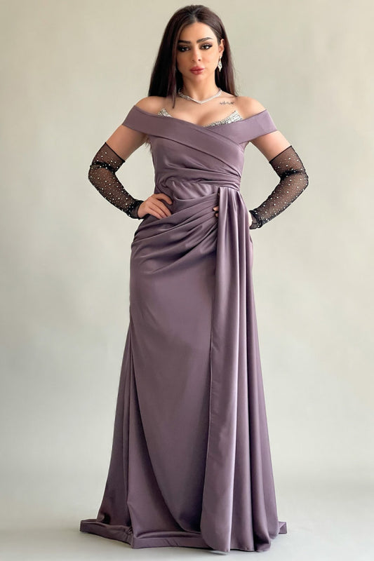 Mauve color embroidered satin evening dress