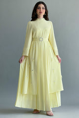 Yellow crystal embroidered pleated dress