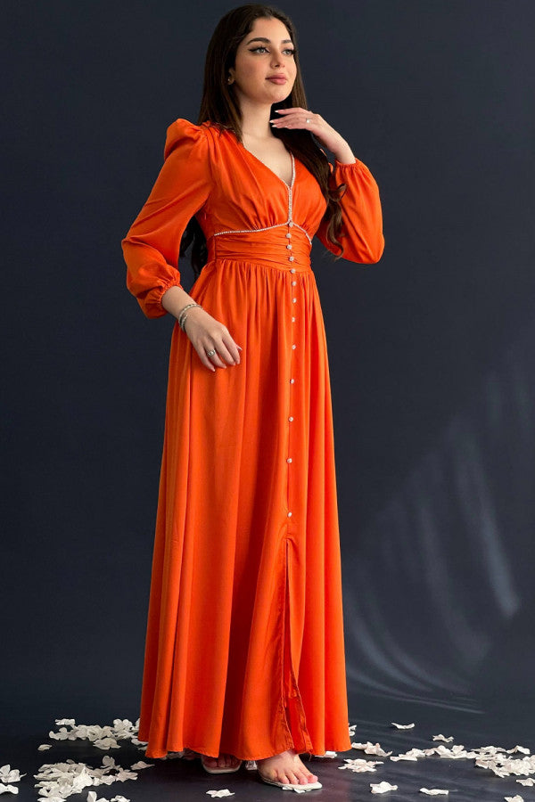 فستان حرير ساتان مزين بالكريستال لون برتقالي