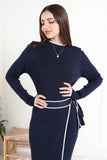 Midi dress with a wrap belt attached to the waist, navy blue 