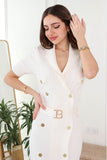 Beige midi dress with white buttons and belt 