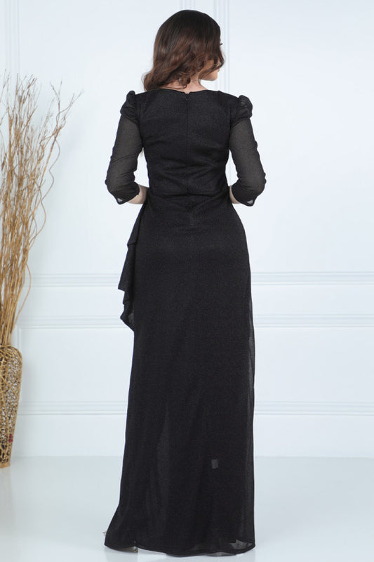 Long dress with pleats and front opening, black