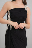 Black one-shoulder jersey evening dress embroidered with crystals