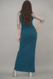 Maxi dress with tulle sleeves decorated with a turquoise crystal ribbon