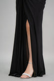 Black one-shoulder jersey evening dress embroidered with crystals