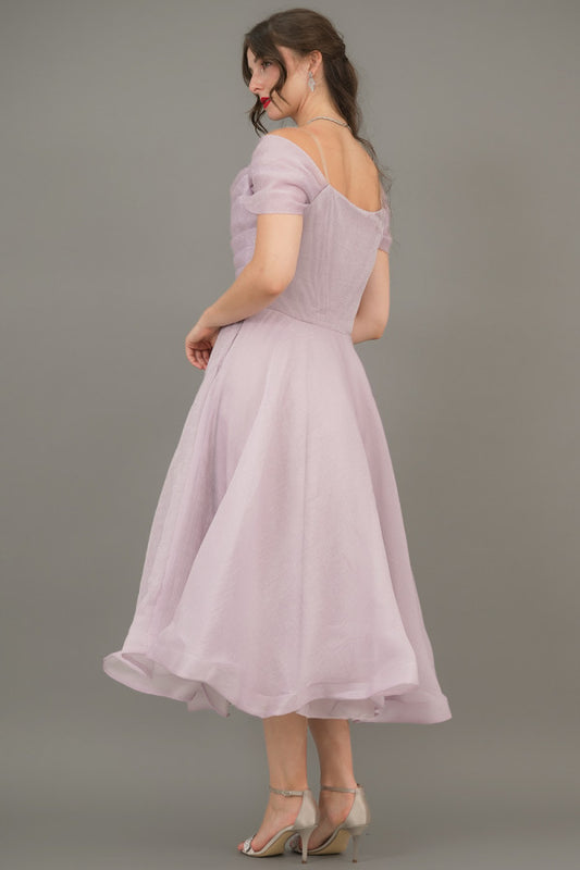 Organza evening dress with off-shoulder collar, pink color