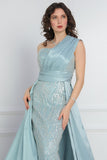 One shoulder embroidered evening dress in Tiffany color