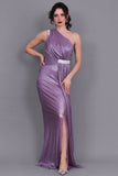 One-shoulder evening dress decorated with a crystal ribbon, mauve color