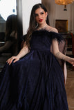 Navy blue evening dress decorated with feathers