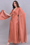 Metallic dress with cape sleeves, brick color