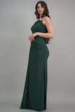 Green one-shoulder jersey evening dress embroidered with crystals