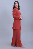 Layered dress with embroidered collar, brick colour