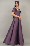 Mikado taffeta evening dress with bow sleeves, mauve color