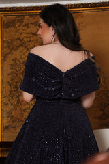 Evening dress with off-shoulder design, navy blue