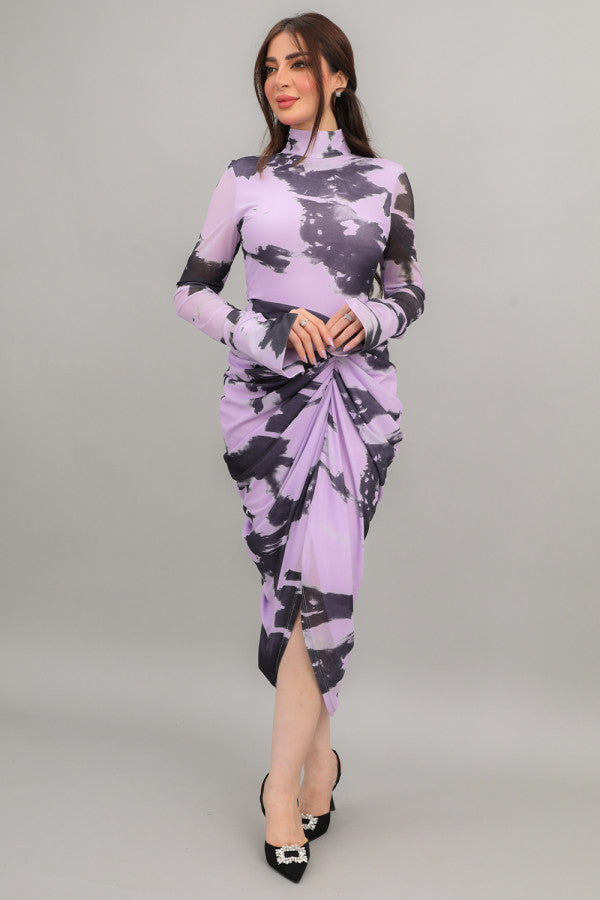 Pleated midi maxi dress with high neck, mauve color
