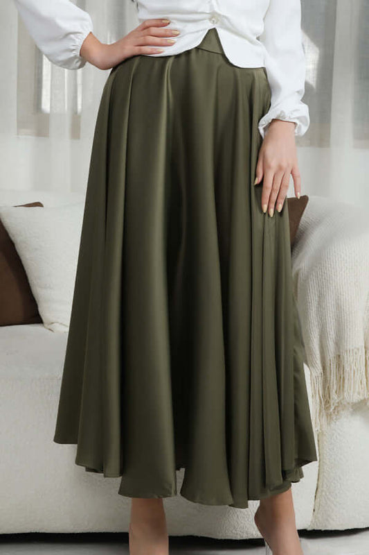 Satin cloche skirt, olive color 