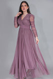 Evening dress with drape sleeves, mauve color