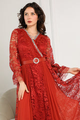 Lace cloche dress decorated with crystals and orange feathers