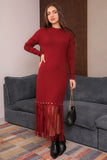Winter dress decorated with fringe, long sleeves, maroon color - 