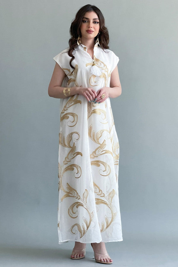 Oriental galabiya with golden threads, white color 