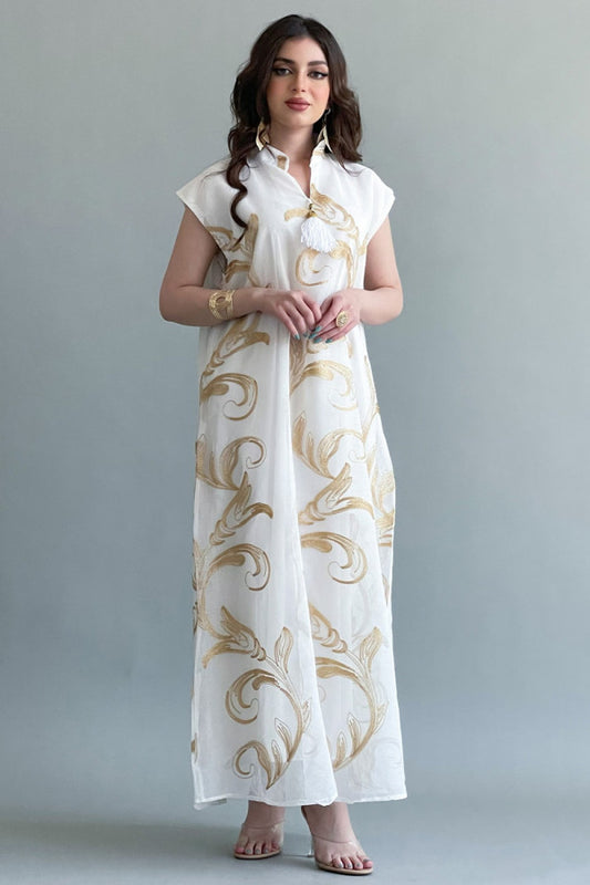 Oriental galabiya with golden threads, white color 