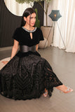 Black velvet midi dress with belt at the waist 