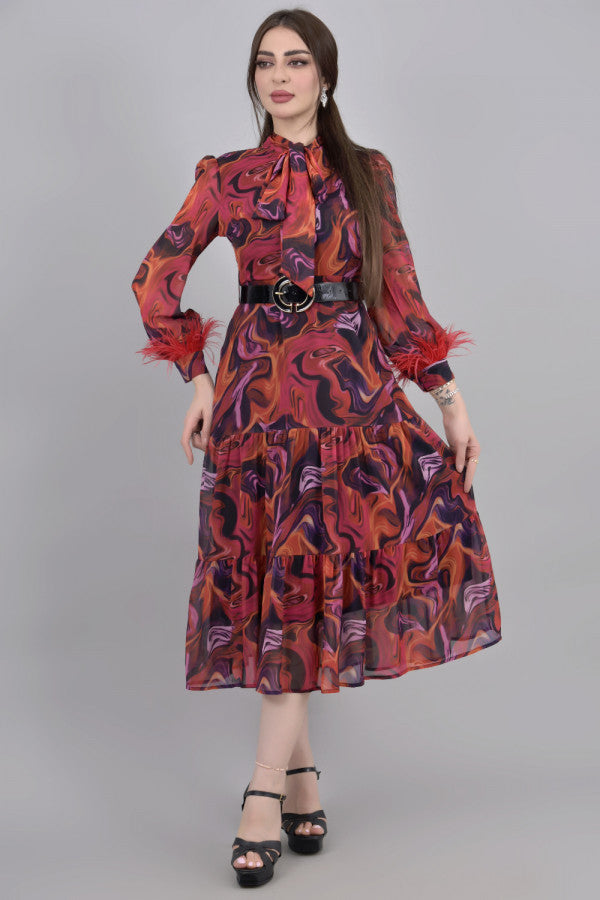 فستان شيفون متموج اللون مزين بريش لون احمر