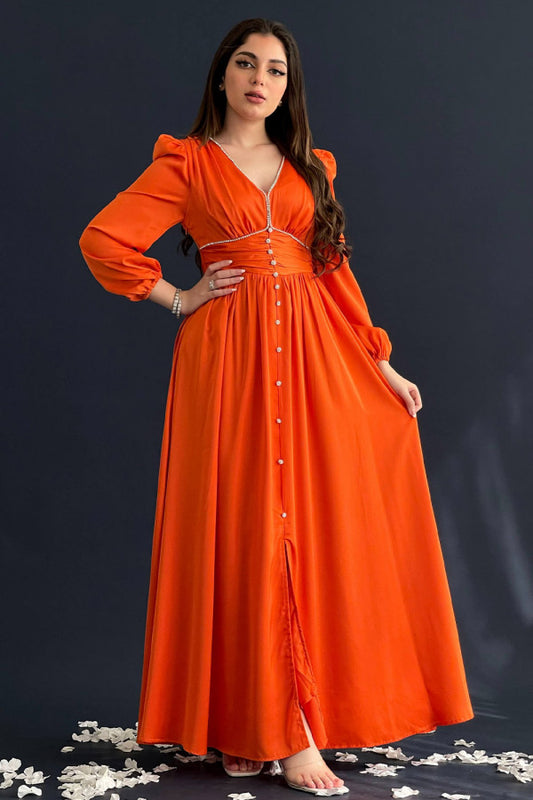 Orange silk satin dress decorated with crystals