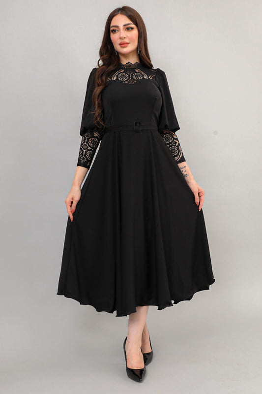 Black lace-trimmed midi dress