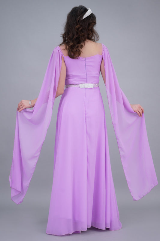 Soft evening dress with cape sleeves and an embroidered belt, lavender color