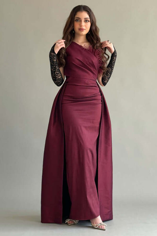 One-shoulder taffeta dress with train, burgundy