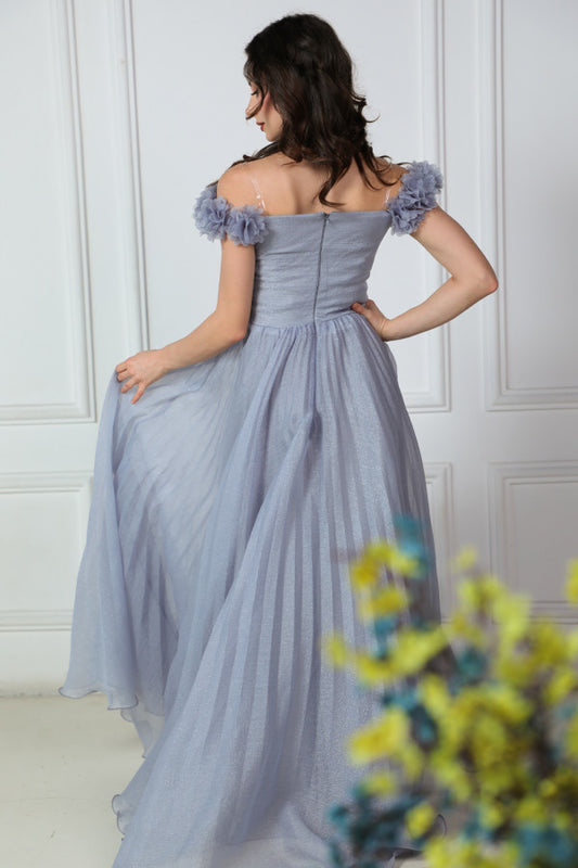 Gray evening dress with ruffle sleeves