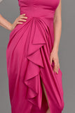 Satin off-shoulder midi dress with slit, fuchsia color