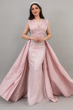 Evening dress embroidered with a pink train design