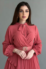 Birkins solid dress with split design in brick colour