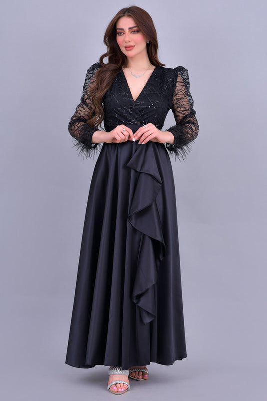 Long dress embroidered with sequins and feathers, black