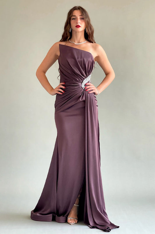 Purple crystal-embellished silk satin dress