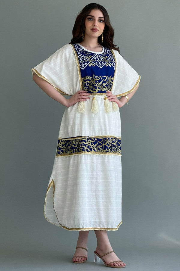 Kuwaiti jalabiya embroidered with Arabic letters, indigo color 